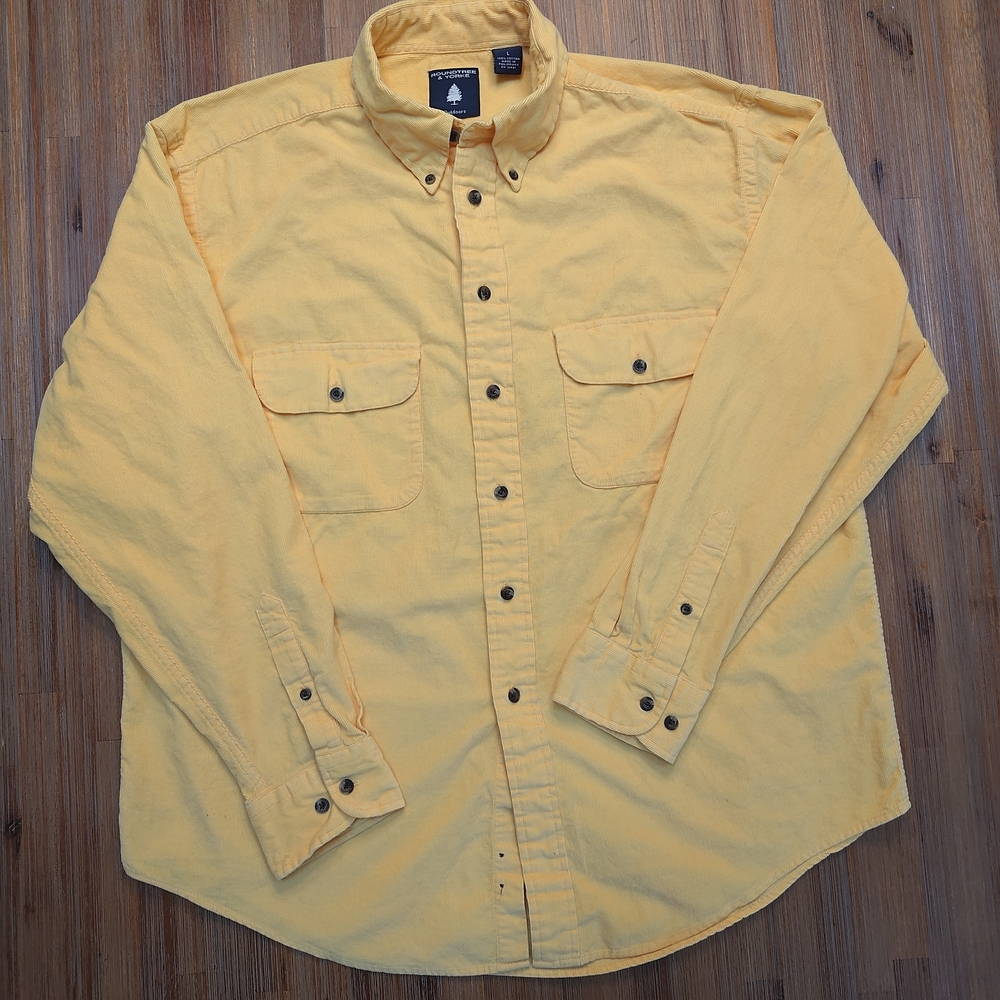 Roundtree & Yorke Men's L Yellow Corduroy Button Up Shirt 100% Cotton